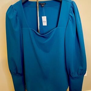 Ann Taylor Teal long puff sleeve square neck blouse M
